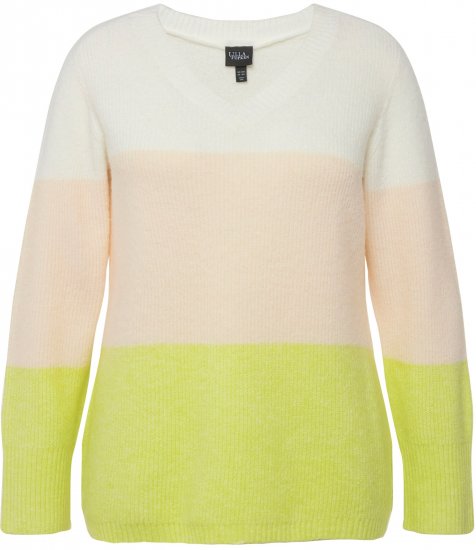 Ulla Popken Block Stripe Long Sleeve V-Neck Sweater Lime Green - Sudaderas y hoodies - 