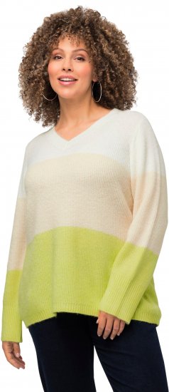 Ulla Popken Block Stripe Long Sleeve V-Neck Sweater Lime Green - Sudaderas y hoodies - 