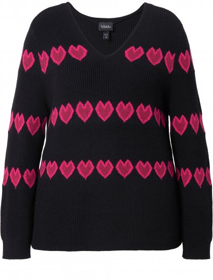 Ulla Popken Heart Print Long Sleeve V-Neck Sweater Black - Sudaderas y hoodies - 
