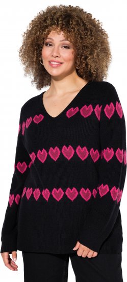 Ulla Popken Heart Print Long Sleeve V-Neck Sweater Black - Sudaderas y hoodies - 