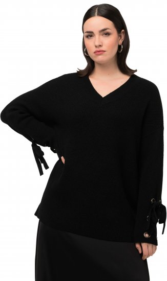 Ulla Popken Lace-Up Cuff Long Sleeve V-Neck Sweater Black - Sudaderas y hoodies - 