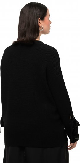 Ulla Popken Lace-Up Cuff Long Sleeve V-Neck Sweater Black - Sudaderas y hoodies - 