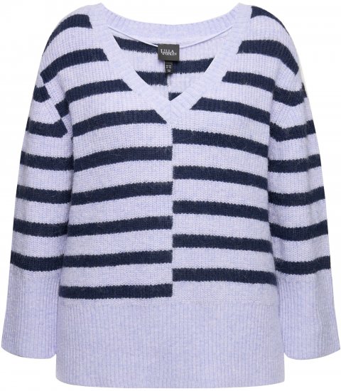 Ulla Popken Split Stripe Long Sleeve V-Neck Sweater Blue Grey - Sudaderas y hoodies - 