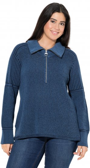 Ulla Popken Two-Tone Mixed Knit Troyer Collar Sweater Navy - Sudaderas y hoodies - 