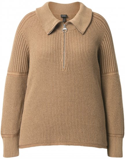 Ulla Popken Two-Tone Mixed Knit Troyer Collar Sweater Caramel - Sudaderas y hoodies - 