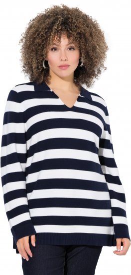 Ulla Popken Striped Polo Collar Long Sleeve Sweater Navy - Sudaderas y hoodies - 