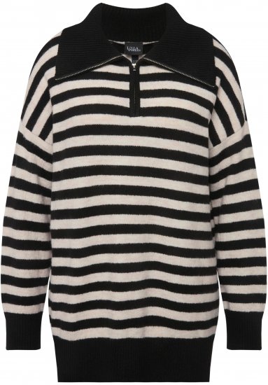 Ulla Popken Striped Troyer Collar Sweater Black - Sudaderas y hoodies - 