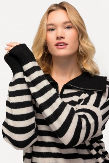 Ulla Popken Striped Troyer Collar Sweater Black - Sudaderas y hoodies - Sudaderas, Hoodies y Punto Cómodos