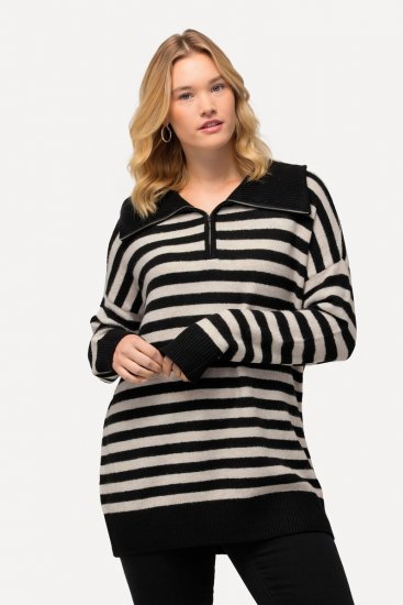 Ulla Popken Striped Troyer Collar Sweater Black - Sudaderas y hoodies - Sudaderas, Hoodies y Punto Cómodos