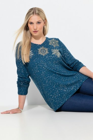 Ulla Popken Metallic Print Extra Soft Christmas Sweatshirt Petrol - Ulla Popken - Ulla Popken Ropa de Tallas Grandes