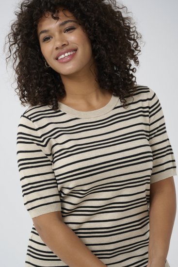 Kaffe Curve Lizzy Jersey a rayas Beige/Negro a rayas - Camisetas estampadas para mujer - 