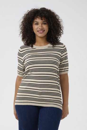 Kaffe Curve Lizzy Jersey a rayas Beige/Negro a rayas - Camisetas estampadas para mujer - 