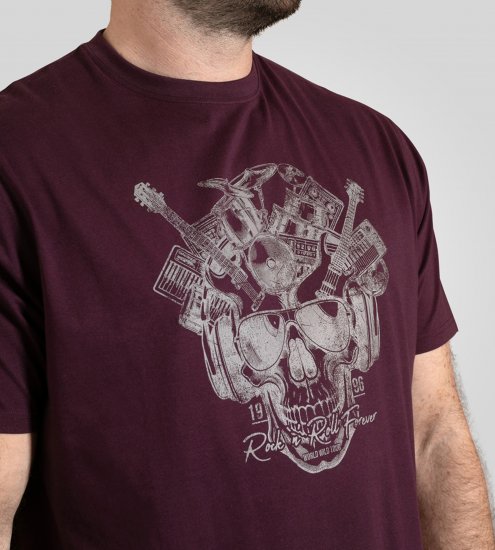D555 Grimsby Rock n' Roll Skull Printed T-Shirt Burgundy - Camisetas con estampado - Camisetas con estampado - 2XL-8XL
