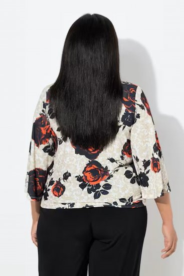 Ulla Popken Rose Print Faux Wrap Top Off-White - Camisetas - 