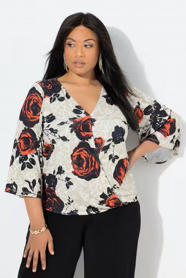 Ulla Popken Rose Print Faux Wrap Top Off-White - Camisetas - 
