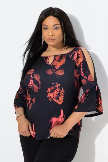 Ulla Popken Botanical Print Cold Shoulder Top Black - Camisetas - 