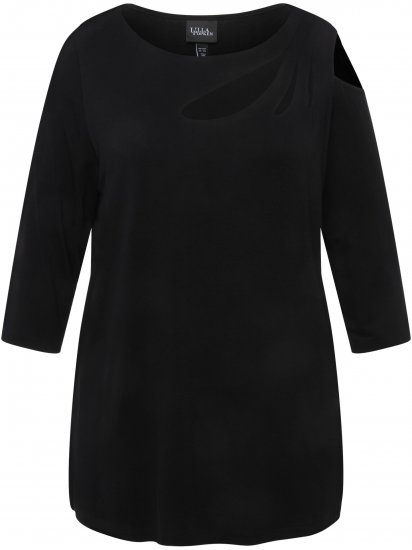 Ulla Popken Asymmetric Petal Cutouts A-line Fit Stretch Knit Top Black - Camisetas - 
