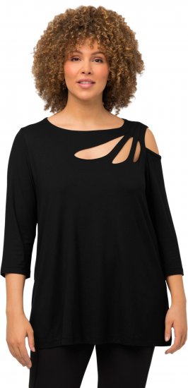 Ulla Popken Asymmetric Petal Cutouts A-line Fit Stretch Knit Top Black - Camisetas - 
