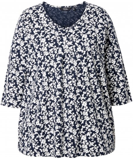 Ulla Popken Floral 3/4 Sleeve V-Neck A-Line Tee Navy - Camisetas - 