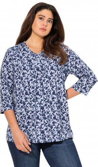 Ulla Popken Floral 3/4 Sleeve V-Neck A-Line Tee Blue - Camisetas - 