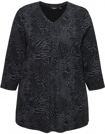 Ulla Popken Animal Print 3/4 Sleeve V-Neck Tee Black - Camisetas - 