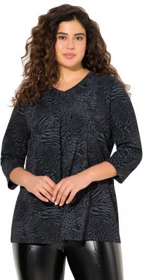 Ulla Popken Animal Print 3/4 Sleeve V-Neck Tee Black - Camisetas - 