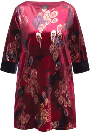 Ulla Popken Velvet Peacock Feather 3/4 Sleeve Tunic Blouse Wine Red - Camisetas - 