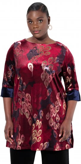 Ulla Popken Velvet Peacock Feather 3/4 Sleeve Tunic Blouse Wine Red - Camisetas - 