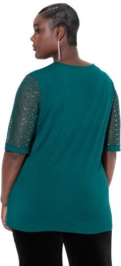 Ulla Popken Sequined Mesh Sleeve Blouse Dark Green - Camisetas - 