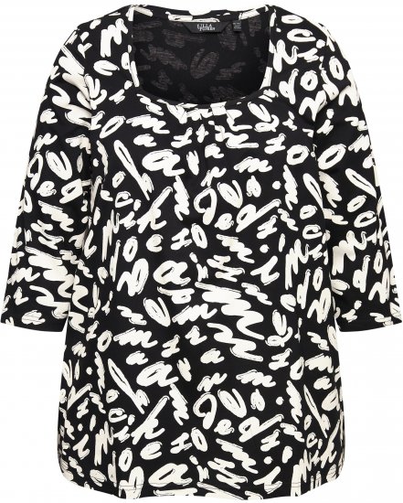 Ulla Popken Scribble Print Square Neck 3/4 Sleeve Tee Black - Camisetas estampadas para mujer - 
