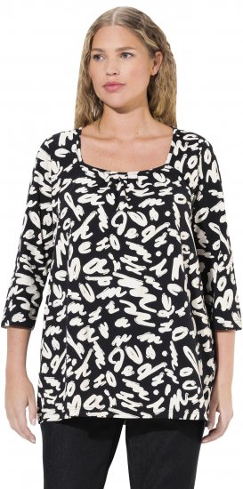 Ulla Popken Scribble Print Square Neck 3/4 Sleeve Tee Black - Camisetas estampadas para mujer - 