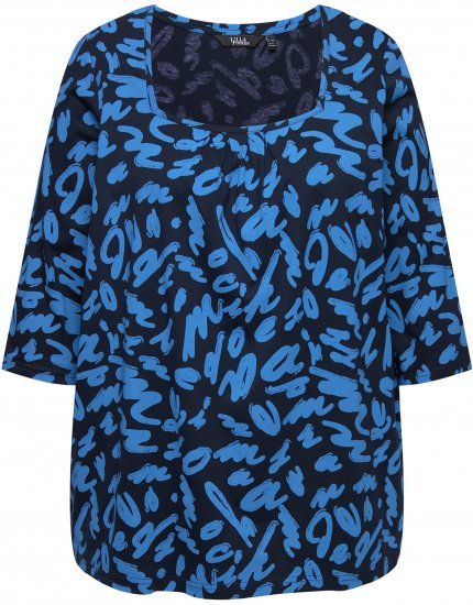 Ulla Popken Scribble Print Square Neck 3/4 Sleeve Tee Navy - Camisetas estampadas para mujer - 