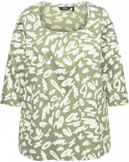 Ulla Popken Scribble Print Square Neck 3/4 Sleeve Tee Sage Green - Camisetas estampadas para mujer - 