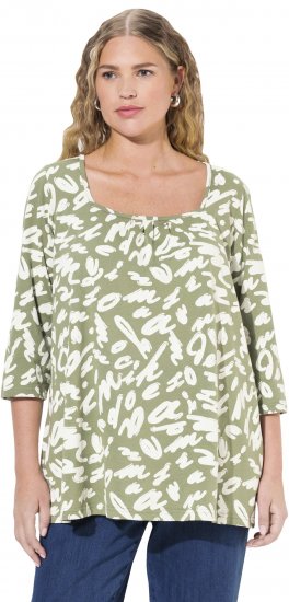 Ulla Popken Scribble Print Square Neck 3/4 Sleeve Tee Sage Green - Camisetas estampadas para mujer - 