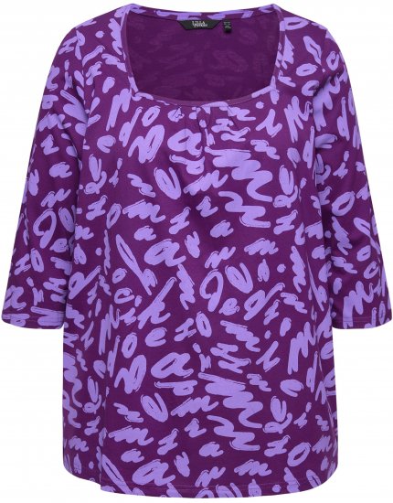 Ulla Popken Scribble Print Square Neck 3/4 Sleeve Tee Violet - Camisetas estampadas para mujer - 