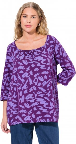 Ulla Popken Scribble Print Square Neck 3/4 Sleeve Tee Violet - Camisetas estampadas para mujer - 