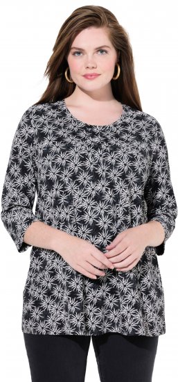 Ulla Popken Graphic Flower A-Line 3/4 Sleeve Tee Black - Camisetas - 