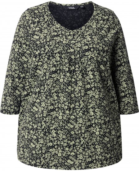 Ulla Popken Pleated Floral Print 3/4 Sleeve Tee Pond Green - Camisetas estampadas para mujer - 