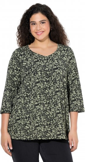 Ulla Popken Pleated Floral Print 3/4 Sleeve Tee Pond Green - Camisetas estampadas para mujer - 