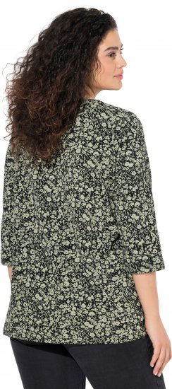 Ulla Popken Pleated Floral Print 3/4 Sleeve Tee Pond Green - Camisetas estampadas para mujer - 