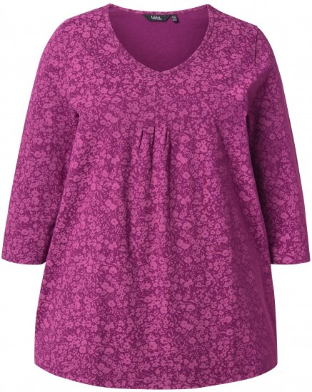Ulla Popken Pleated Floral Print 3/4 Sleeve Tee Raspberry - Camisetas estampadas para mujer - 