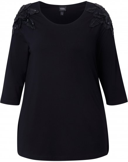 Ulla Popken Flower Epaulet 3/4 Sleeve Top Black - Camisetas estampadas para mujer - 