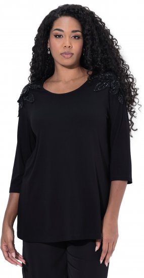Ulla Popken Flower Epaulet 3/4 Sleeve Top Black - Camisetas estampadas para mujer - 