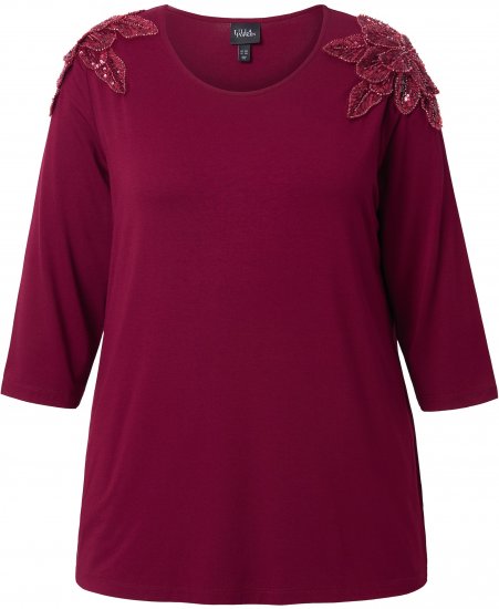 Ulla Popken Flower Epaulet 3/4 Sleeve Top Dark Cherry Red - Camisetas estampadas para mujer - 