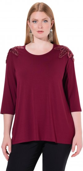 Ulla Popken Flower Epaulet 3/4 Sleeve Top Dark Cherry Red - Camisetas estampadas para mujer - 