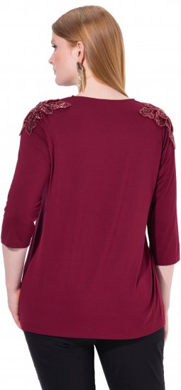 Ulla Popken Flower Epaulet 3/4 Sleeve Top Dark Cherry Red - Camisetas estampadas para mujer - 