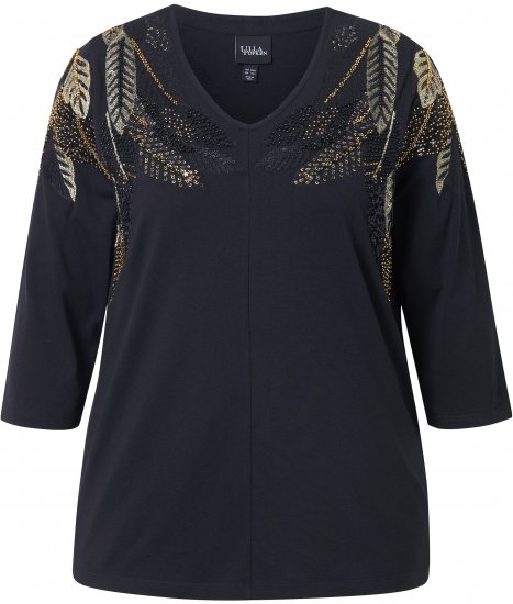 Ulla Popken Feather Beadwork 3/4 Sleeve Top Black - Camisetas estampadas para mujer - 