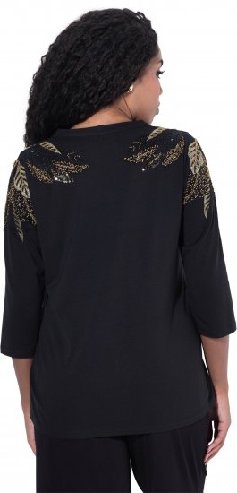 Ulla Popken Feather Beadwork 3/4 Sleeve Top Black - Camisetas estampadas para mujer - 