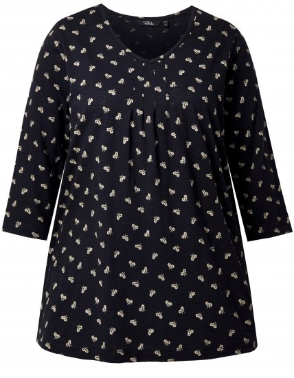 Ulla Popken Flower Print 3/4 Sleeve Tee Black - Camisetas - 