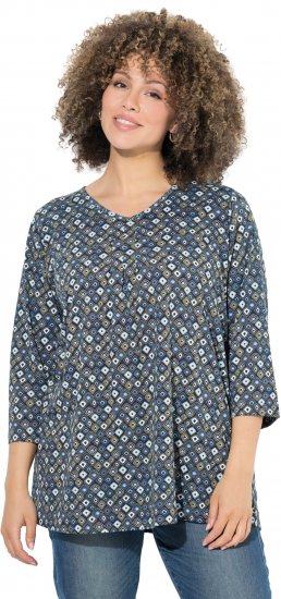 Ulla Popken Graphic Print Pleated 3/4 Sleeve Tee Atlantic Blue - Camisetas - 